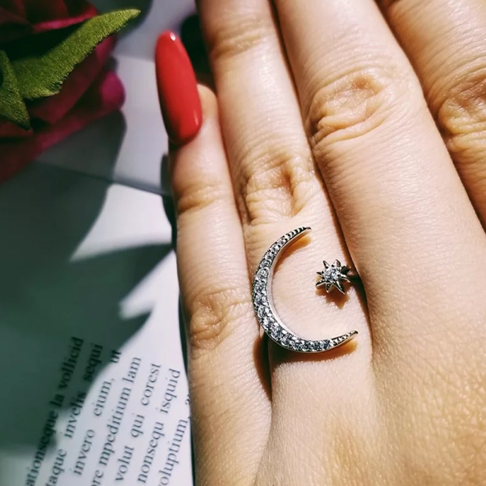 NEW DIAMOND SILVER MOON STAR ADJUSTABLE RING - Picture 6 of 6